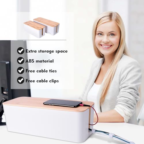 2 Pack Large Cable Management Box – Wooden Style Cord Organizer and Cover for TV Wires, Computer, Router, USB Hub and Under Desk Power Strip – Safe ABS Material and Baby-Pets Proof Lock (White) - color: White