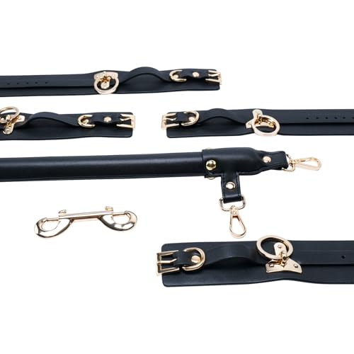 Wooden PU Spreader Bar with 4pcs PU Adjustable Straps,Workout Bar for Home Gym Training Bar,Portable Detachable Pilates Kit - style: Embossed Black+Black Kit