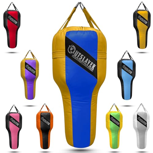 Outslayer Angle Uppercut Heavy Punching Bag for Boxing & MMA - Customizable Colors, Optional D-Ring, Unfilled/Soft Filled Choices - Made in USA - color: Blue/Yellow, style: Filled Without Bottom D-Ring