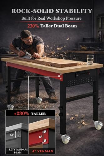 60" Heavy Duty Workbench, 2500 LBS Load Capacity Work Bench with 1.2" Laminated Oak Wood Top & Reinforced Steel Frame, Adjustable Height Work Table for Garage, Workshop, Office, Home (Casters) - size: 60"丨Casters