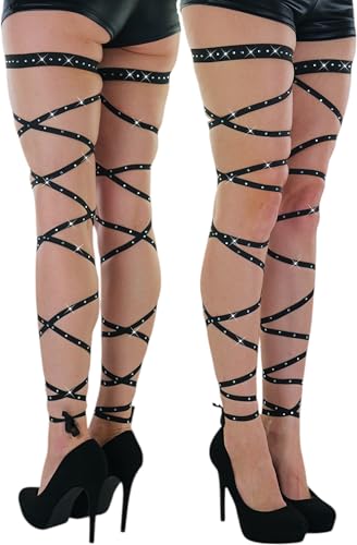 ToBeInStyle Women's Leg Wraps Ravewear Dancewear Elastic Straps Party Garter Music Festivals Costume Accessory Thigh High - color: Footless Criss Cross Tie W/ Abundant Rhinestones - Black, size: One Size