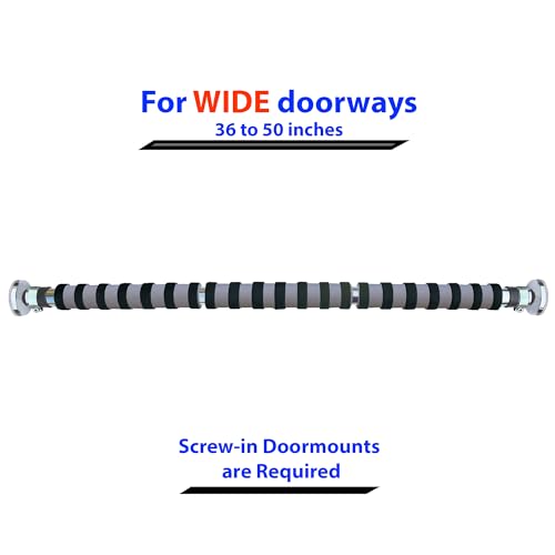 Maximiza Plus Doorway Pull Up Bar – Adjustable Width Screw-In Bar (V2) | Fits Wide doorways 36-50 inches. Maximum 330 lb load capacity. 3 sets of screw-in door-mounts included for safe home workouts