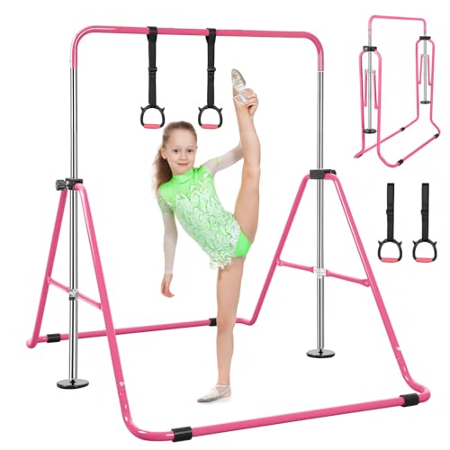 Expandable Gymnastics Bars with Ring, Adjustable Height Gymnastic Horizontal Bars, Gym Junior Training Bar Children Folding Training Monkey Bars for Kids - color: Pink