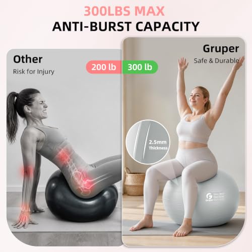Gruper Exercise Ball, Extra Thick Yoga Ball for Working Out, Yoga & Pregnancy, 4 Sizes Anti-Burst Balance Ball with Foot Pump for Pilates, Physical Therapy & Fitness - color: sliver, size: M(22IN/55cm)