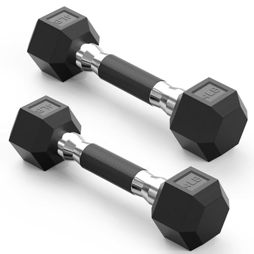 PAPABABE Hex Dumbbell Set 2.5-100lb, Rubber Grip Dumbbells, Home Gym | Complete & Durable Cast Iron Core Odorless Antiroll Hex Shape Ergonomic Versatile Home Gym Comfort Non-Slip Grip - size: 4 lb, Pair, style: Rubber Grip