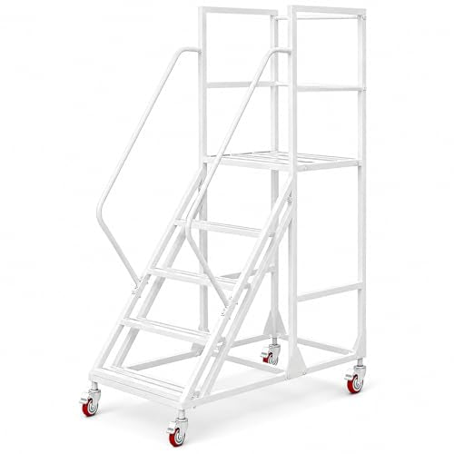 5 Step Rolling Ladder with Handrails, 1100 lbs Capacity Heavy Duty Mobile Warehouse Ladder with Wheels, Industrial Steel Non-Slip Rolling Stairs with Large Platform, for Garage Stockroom Library - color: White, size: 5 Step