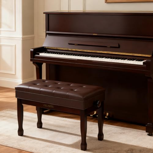 Adjustable Height Piano Bench with Storage, Solid Wood Duet Keyboard Stool, Waterproof Padded Seat Cushion, Multi-Use Bench for Piano, Vanity, Living Room, Bedroom XJ750-4(Brown) - color: Brown