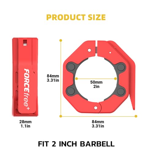 Forcefree+ Quick Release Barbell Collars - Slim Design, Non-Slip Secure, High-Strength Durable, Metal Linkage - Fits 2-Inch Olympic Bars - style: NO-MAG RED