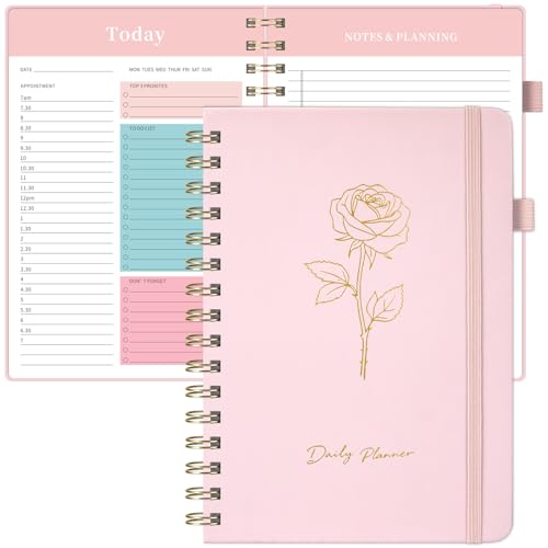 Oucaru Undated Daily Planner, A5 Spiral Notebook with Hourly Schedule, To Do List, Priorities, and Notes for Productivity - Easily Organize Your Tasks, Appointments & Goals for Women - size: A5-Pink, style: Daily Planner