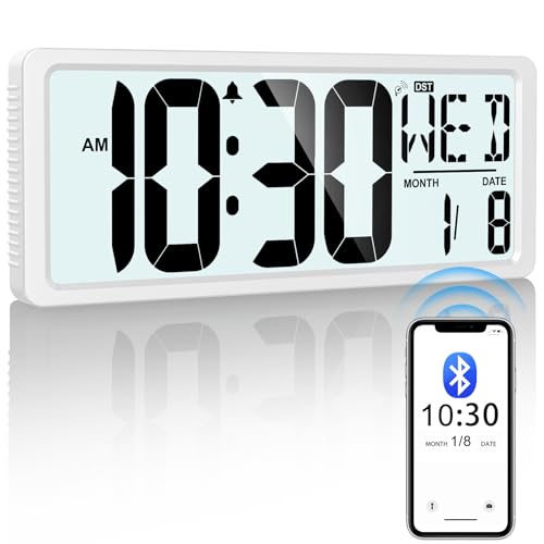 Bluetooth Time Sync Digital Wall Clock Battery Operated with Backlight, Auto DST Large Digital Wall Clock with Day, Date & Temperature, 15'' Large Digital Clock for Home, Bedroom, Office - color: White