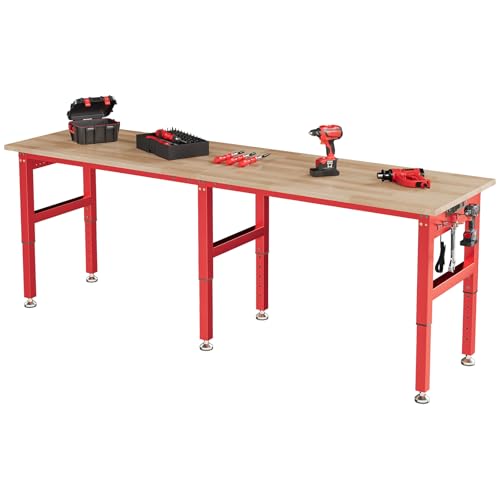 SPECRAFT 96" Red Adjustable Heavy Duty Workbench with 4 AC Outlet and 2 USB Ports Power Outlets, 6000 Lbs Capacity, Rubber Wood Top for Garage, Workshop, Office - color: Red, size: Standard/96"x24"