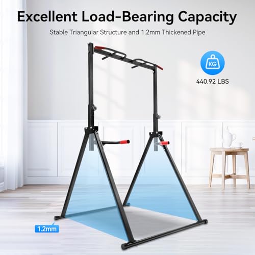 Foldable Pull Up Bar Stand, 440Lbs Free Standing Power Tower with Adjustable Height & Stable Triangular Structure Pull Up Dip Station Gym Strength Training Equipment for Living Room Bedroom Gym Etc