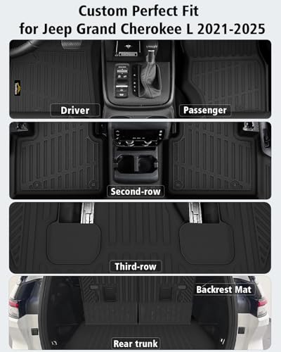 Floor Mats Custom for Jeep Grand Cherokee L 2021-2025 2026 Captain Chair(Only for 6-Seater w/o 2nd Row Armrest) TPE All Weather Cargo Liner with Backrest Mat & Door Sill Guards Accessories, Black - size: For Jeep Grand Cherokee L 6-Seater 2021-2025