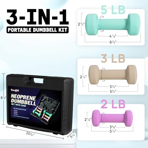 Yes4All Neoprene Coated Dumbbell Hand Weight Sets - Multiple Weight Options with Rack, Anti-roll, Anti-Slip, Hexagon Shape - style: E. SET WITH CASE 2-3-5lb pair