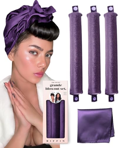Grande Heatless Curls Overnight Rods - Upgraded Directional Grip Velvet - No Heat Hair Curlers to Sleep, Jumbo Large Hair Rollers Flexible Curling Rods Set for Long Thicker Coarser Hair Blowout Look - color: Plum