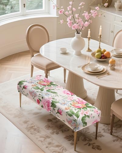 Fuloon Stretch Bench Cover, Anti-Dust Removable Dining Bench Slipcover Washable Seat Cushion Protector for Bedroom, Kitchen, Hotel, Banquet, Peony Flower - color: Flower Peony