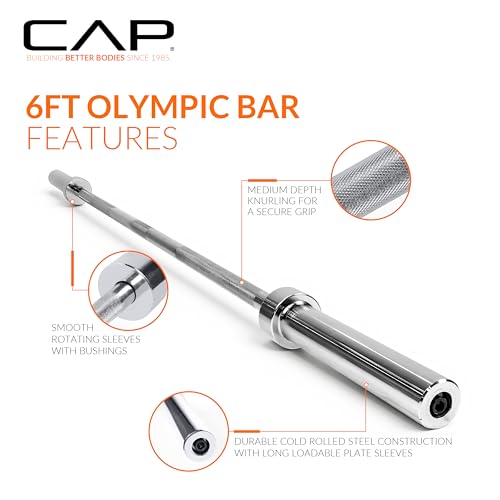 CAP Olympic Barbell - 5FT, 6FT, & 7FT Strength Training Weight Bars, Multiple Options - size: 6 ft (72") - Chrome, style: Classic