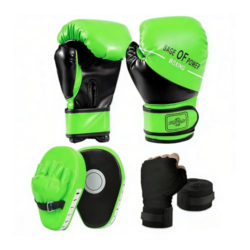 3-in-1 Boxing Gloves and Punching Mitts Set for Kids, Boxing Mitts Focus Pads with Hand Wraps for Kid, Youth Leather Punching Equipment Gloves Set for MMA, Karate, Muay Thai, Taekwondo - color: Green