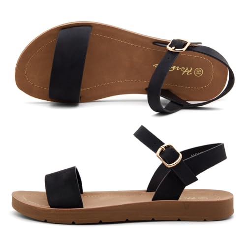 Herstyle Flat Sandals for Women – Open Toe 1 Band Ankle Strap Summer Dressy Sandals, Lightweight Casual Strappy Slip-On Flats with Adjustable Buckle - color: Black, size: 9