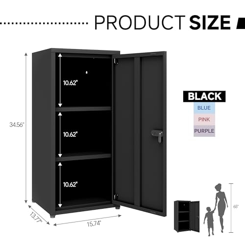 MIOCASA Metal Storage Cabinet with Lock, 3 Adjustable Shelves Single Door Steel Locker for Home, Office & Garage (Black) - color: Black