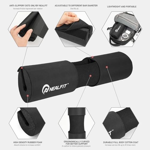 NEALFIT Barbell Squat Pad with Thick Nylon Padding, Hip Thrust Pad for Squats, Lunges, Neck Shoulder Squat Pad for Olympic or Standard Bars - color: Black