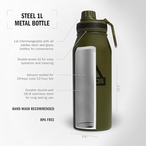 adidas Stainless Steel Metal Water Bottle 34 oz (1L) Screw Cap - color: Focus Olive Green/Black