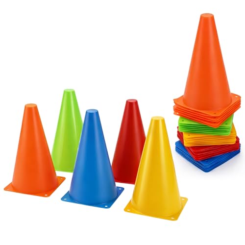 Fasmov 30 Pack Plastic Training Cones, 9 Inches Traffic Cones Indoor Outdoor Sports Agility Cones Soccer Flexible Cone Sets for Soccer, Skating, Drills, Football, Basketball, Assorted Colors