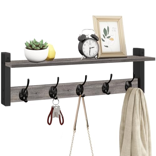 Homode Wall Hooks With Shelf, 24 Inch Coat Rack Wall Mount for Entryway, Clothes, Backpack, Key, Purse - Floating Shelf Hanging in Bathroom, Bedroom, Hallway, Rustic Grey - color: Rustic Grey, size: 24 Inch Long