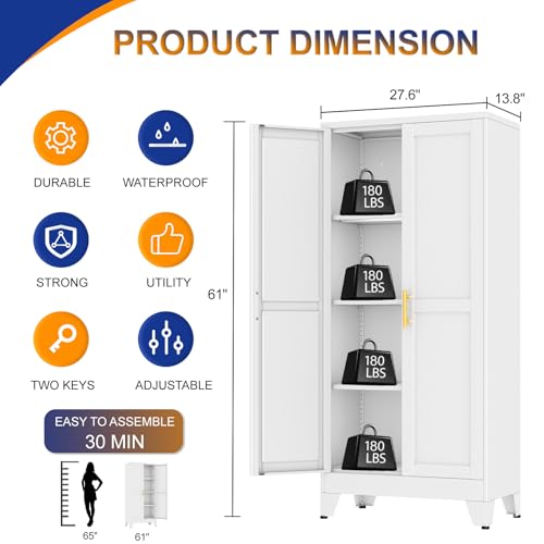 Metal Storage Cabinet with 2 Doors and 3 Adjustable Shelves - 61" Steel File Cabinet,Tool Cabinets for Office,Home,Garage,Gym,School,Bathroom,Kitchen(White) - color: White, size: 61H