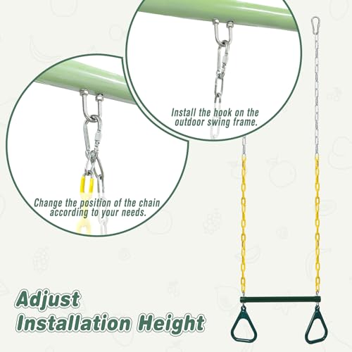 RedSwing Trapeze Swing Bar with Triangular Gymnastic Rings, Kids Swingset Heavy Duty Coated Chains with Carabiners, Outdoor Swing Play Playground Accessories, Green and Yellow - color: Green Yellow