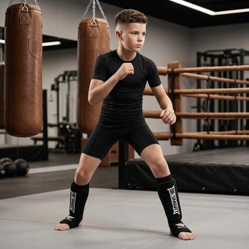 Be Smart Kids, Adults, Youth, Men and Women Muay Thai MMA Kickboxing Shin Guards, Instep Guard Training, Sparring Protective Gear Equipment Shin Kick Pads - color: Black, size: XXXS ( 3 to 8 Years )