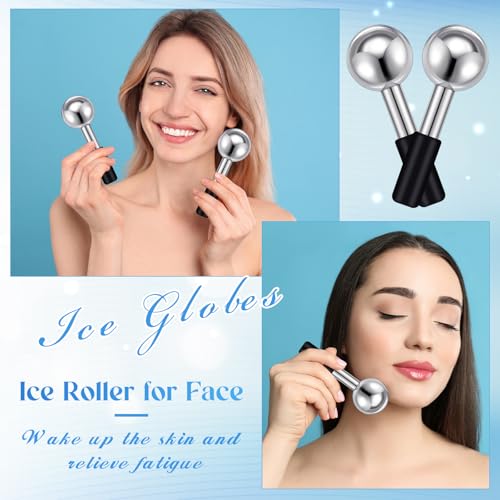Baderke 2 Pcs Ice Globes for Face Stainless Steel Cooling Globes Unbreakable Cooling Roller Women Ice Balls Cryo Sticks Facials Skin Care for Dark Circles, Puffiness(Silver (Black Handle)) - color: Silver (Black Handle)