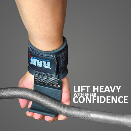 RAD Weight Lifting Hooks (Pair) Comfortable Anti-Rip Nylon Strap Extra Strong Hand Grips for Men & Women Powerlifting Heavy Duty Thick Wrist Padding Gym Workout Enhancer for Power Deadlift Pull Up - color: Black