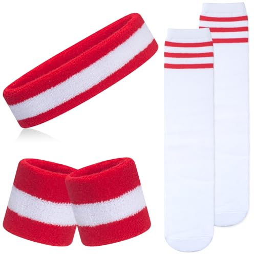 ONUPGO 5 Pieces Kids Sweatbands Soccer Socks Set - Sports Headband, Wristbands, Striped High Socks for Kids, Youth,Toddler & Baby - Football, Basketball, Running, Cycling, Tennis - color: Striped White/Red