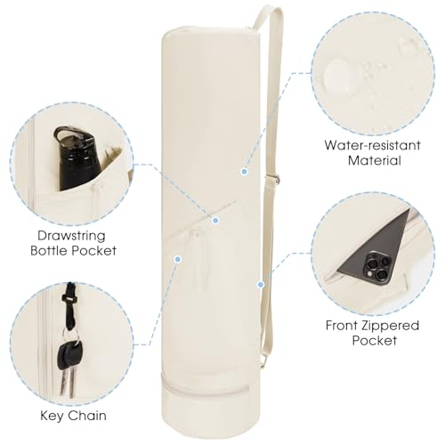 sportsnew Yoga Mat Bag, Full Zip Cargo Yoga Mat Carrier Bag with Drawstring Water Bottle Pocket and Bottom Wet Pocket, Exercise Yoga Mat Carrier Holder Multi-Functional Storage Bag Patent Pending - color: Beige, size: Medium pocket