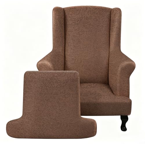 ANARACHON Leather Look Wingback Chair Covers, 2-Piece Wing Chair slipcover,Stretch Wing Back Armchair Slipcovers with Elastic Bottom, Soft Spandex Furniture Protector for Living Room (05 Brown) - color: Brown #5