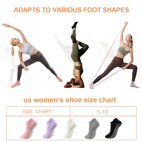 5 Pairs Pilates Socks with Grips for Women Non Slip Grip Yoga Crew Socks for Barre Hospital Barefoot - color: B - Purple White Pink Gray Black