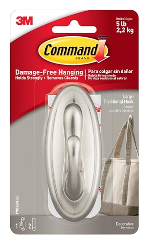 Command 5 lb Large Brushed Nickel Color Hook, 1 Hook and 2 Command Strips, Damage-Free Coat Hooks with Adhesive Strips, Traditional Hooks for Hanging Home Decor and Room Decor