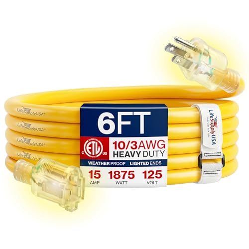 6ft Outdoor/Indoor Extension Cord 10/3 Gauge Ultra Heavy Duty 3 Prong SJTW, Waterproof, ETL Listed, Flexible Cold-Resistant Long Power Cord,15A 125V 1875W, Yellow by LifeSupplyUSA - color: Yellow, size: 6 FT, style: 10 Gauge (ULTRA HEAVY DUTY)