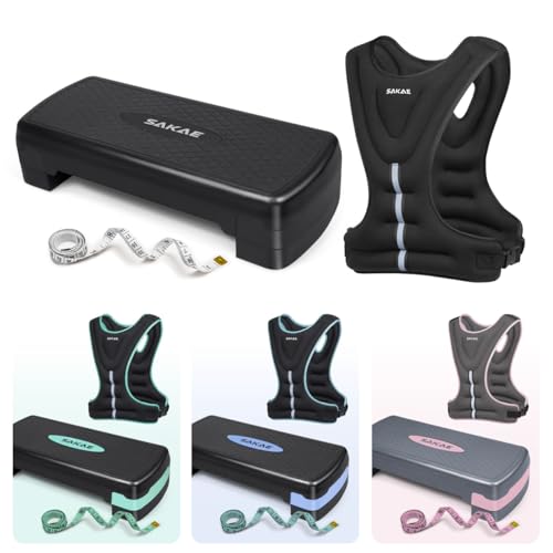 SAKAE Aerobics Step Platform Set with Weighted Vest & Measuring Tape, Adjustable Height 2 Level Risers Workout Step Trainer with Non-Slip Surface, Step Platform for Home Exercise, Multiple Colors - color: Black