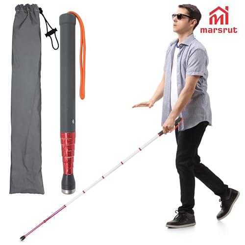 Telescoping Cane, 55" Blind Cane Telescopic Walking Stick, Reflective Retractable Mobility Aids Telescope Assist Tool for Elderly Night Warning, Roller Head Screw-in, Storage Bag, Titanium Alloy