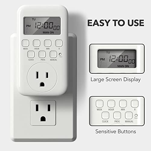 BN-LINK Digital Outlet Timer for Light, 7 Days Programmable Timer for Lamps | Single Plug In Timer for Electrical Outlets Indoor, 8 ON/OFF Programs, 3 Prong Grounded Oultet, Vacation Mode, ETL Listed - color: 3-prong Outlet(front)