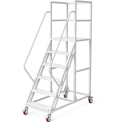 6 Step Rolling Ladder with Handrails, 1100 lbs Capacity Heavy Duty Mobile Warehouse Ladder with Wheels, Industrial Steel Non-Slip Rolling Stairs with Large Platform, for Garage Stockroom Library - color: White, size: 6 Step