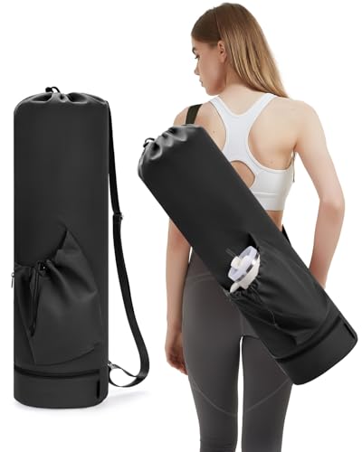 sportsnew Yoga Mat Bag with Water Bottle Pocket & Wet Pocket for Women | Yoga mat carrier fits 1/8"-3/8" yoga mats, quick-access multi-pocket organization, lightweight for gym, Pilates & studio - color: Black, size: Large