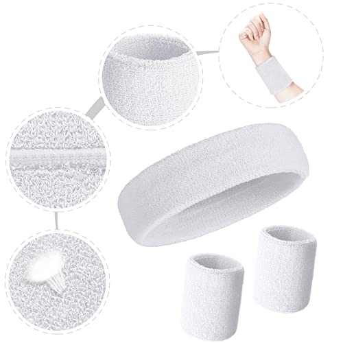 Bememo 6 Pcs Neon Sports Sweatbands Set Sports Competitions Sweatbands 2 Headband 4 Wristbands Breathable Terry Cloth Athletic Bands for Team Soccer Spirit 80s Costumes Cosplay - color: White