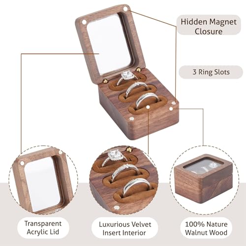 Walnut Ring Box 3 Slot - Clear Acrylic Window Display, Magnetic Closure Keepsake Jewelry Holder for Wedding Proposal Engagement Ceremony Anniversary Birthday Gift - color: A-Brown