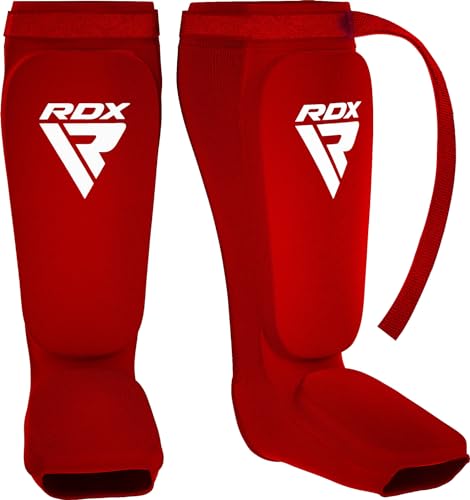 RDX Shin Guards Kickboxing Muay Thai, SATRA Approved, MMA Leg Instep Protection Pads, Sparring Training Martial Arts Boxing, Elasticated Padded Protector, Karate BJJ Taekwondo Gear, Men Women - color: Red White, size: Small
