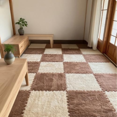 12Pcs Plush Foam Floor Mat,Plush Interlocking Carpet Tiles,Anti-Slip Square Puzzle Floor Mat,EVA Foam Area Rugs for Bedroom Playroom (Coffee + Beige) - color: Coffee + Beige