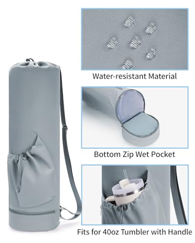 sportsnew Yoga Mat Bag with Water Bottle Pocket & Wet Pocket for Women | Yoga mat carrier fits 1/8"-3/8" yoga mats, quick-access multi-pocket organization, lightweight for gym, Pilates & studio - color: Dusty Blue, size: Large
