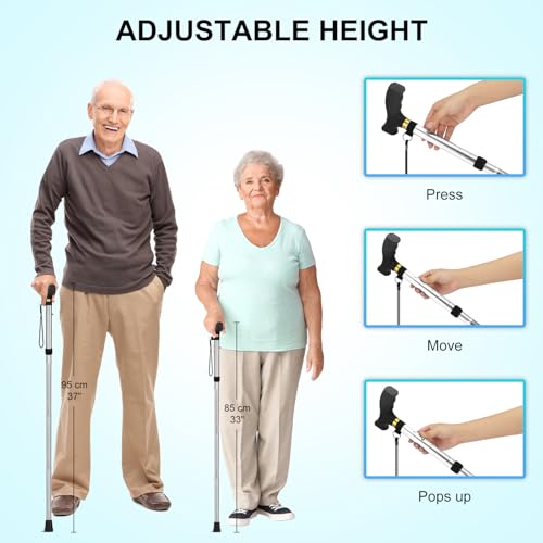 supregear Folding Cane, Lightweight 5-Level Adjustable Walking Stick with Wrist Strap and T-Handle, Portable Mobility Aid for Elderly and Disabled Men and Women - color: Silver